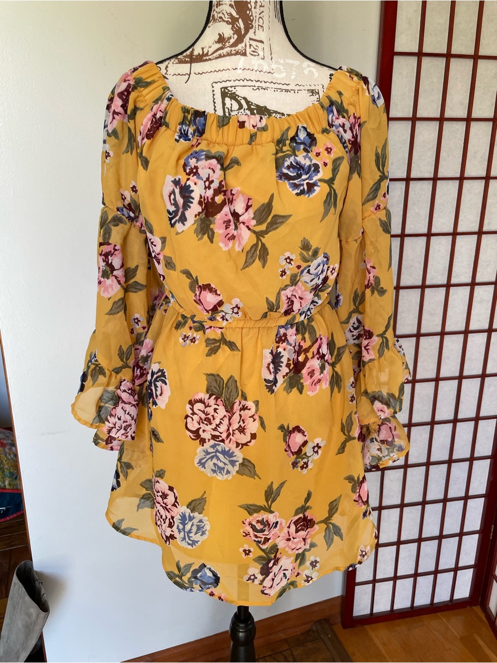 Indulge Women’s Mustard Floral Off-Shoulder Tunic/Dress, Size M